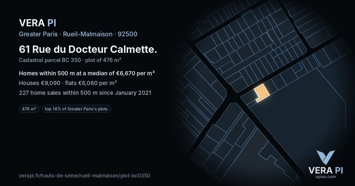 61 Rue du Docteur Calmette, Rueil-Malmaison at night – the plot lit, the parcels around coloured by the prices near them