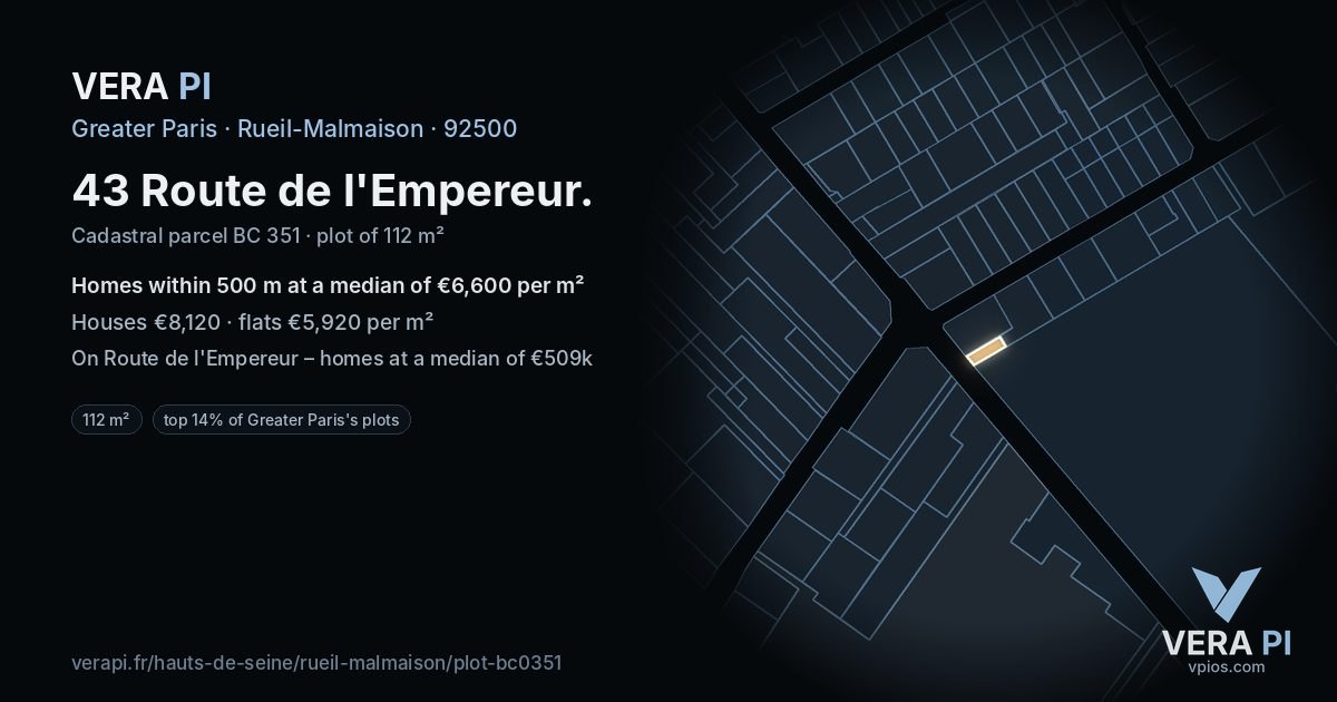 43 Route de l'Empereur, Rueil-Malmaison at night – the plot lit, the parcels around coloured by the prices near them