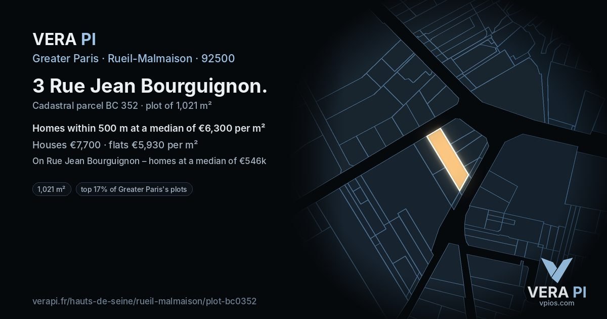 3 Rue Jean Bourguignon, Rueil-Malmaison at night – the plot lit, the parcels around coloured by the prices near them