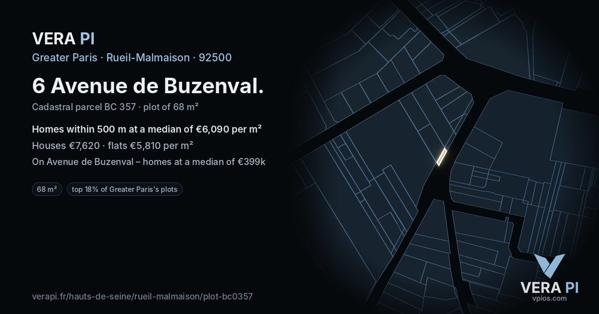 6 Avenue de Buzenval, Rueil-Malmaison at night – the plot lit, the parcels around coloured by the prices near them