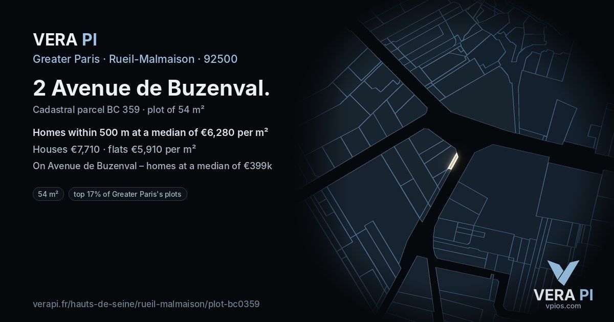 2 Avenue de Buzenval, Rueil-Malmaison at night – the plot lit, the parcels around coloured by the prices near them