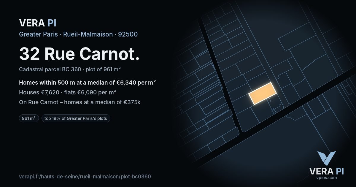 32 Rue Carnot, Rueil-Malmaison at night – the plot lit, the parcels around coloured by the prices near them