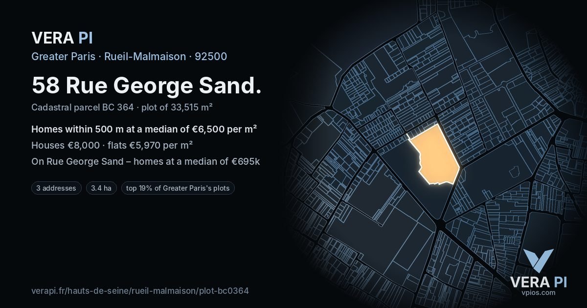 58 Rue George Sand, Rueil-Malmaison at night – the plot lit, the parcels around coloured by the prices near them