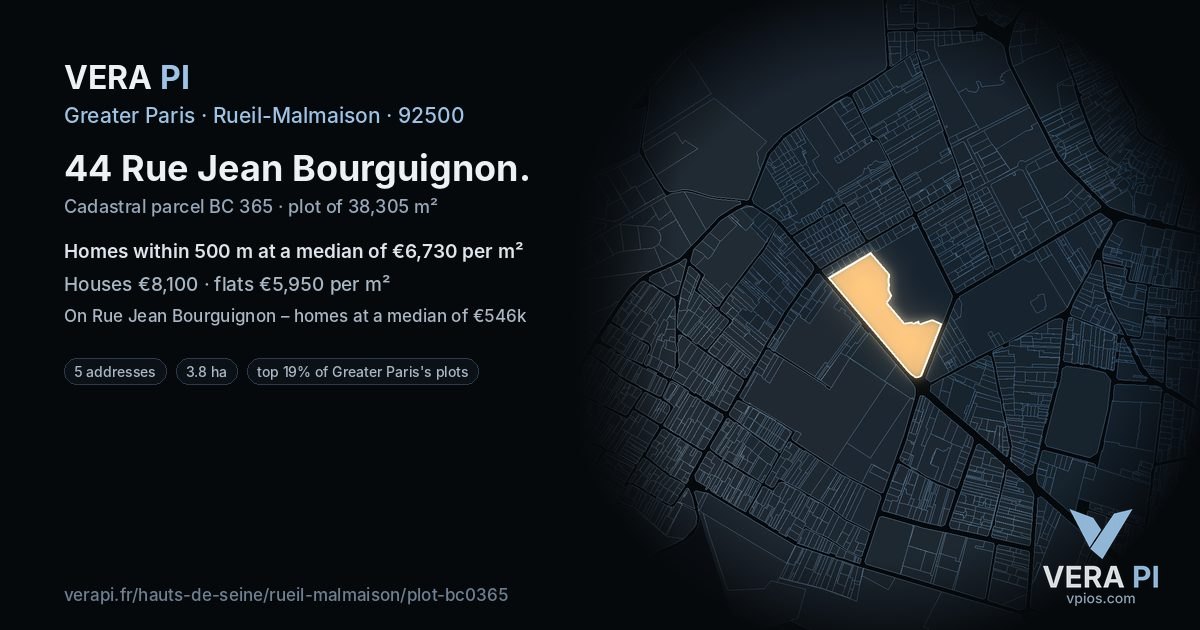 44 Rue Jean Bourguignon, Rueil-Malmaison at night – the plot lit, the parcels around coloured by the prices near them