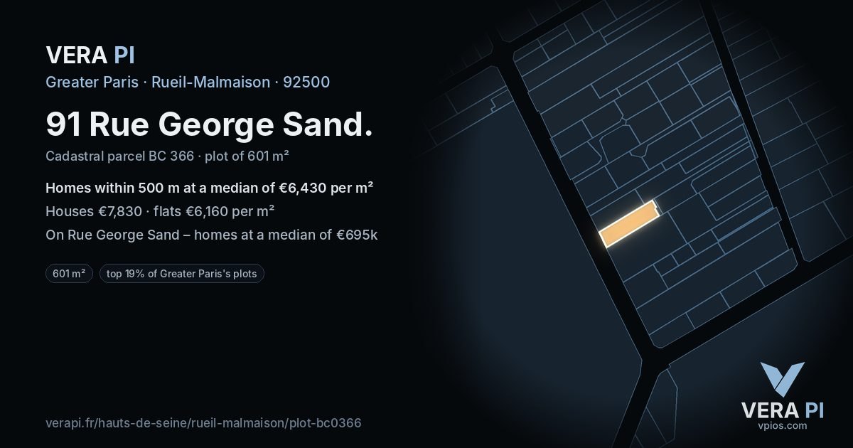 91 Rue George Sand, Rueil-Malmaison at night – the plot lit, the parcels around coloured by the prices near them