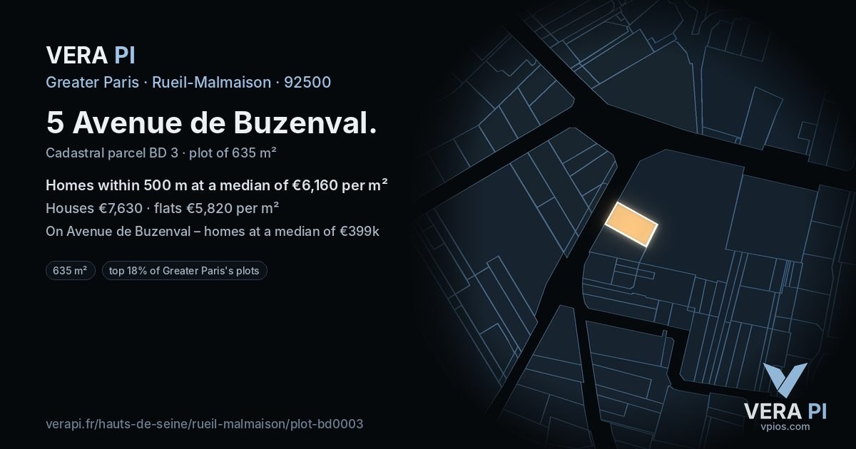 5 Avenue de Buzenval, Rueil-Malmaison at night – the plot lit, the parcels around coloured by the prices near them