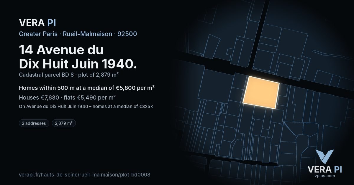 14 Avenue du Dix Huit Juin 1940, Rueil-Malmaison at night – the plot lit, the parcels around coloured by the prices near them