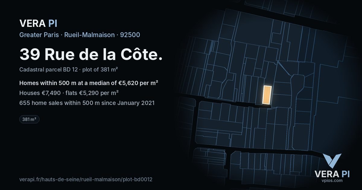 39 Rue de la Côte, Rueil-Malmaison at night – the plot lit, the parcels around coloured by the prices near them