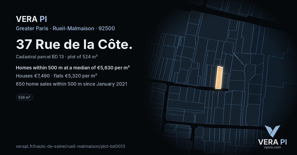 37 Rue de la Côte, Rueil-Malmaison at night – the plot lit, the parcels around coloured by the prices near them