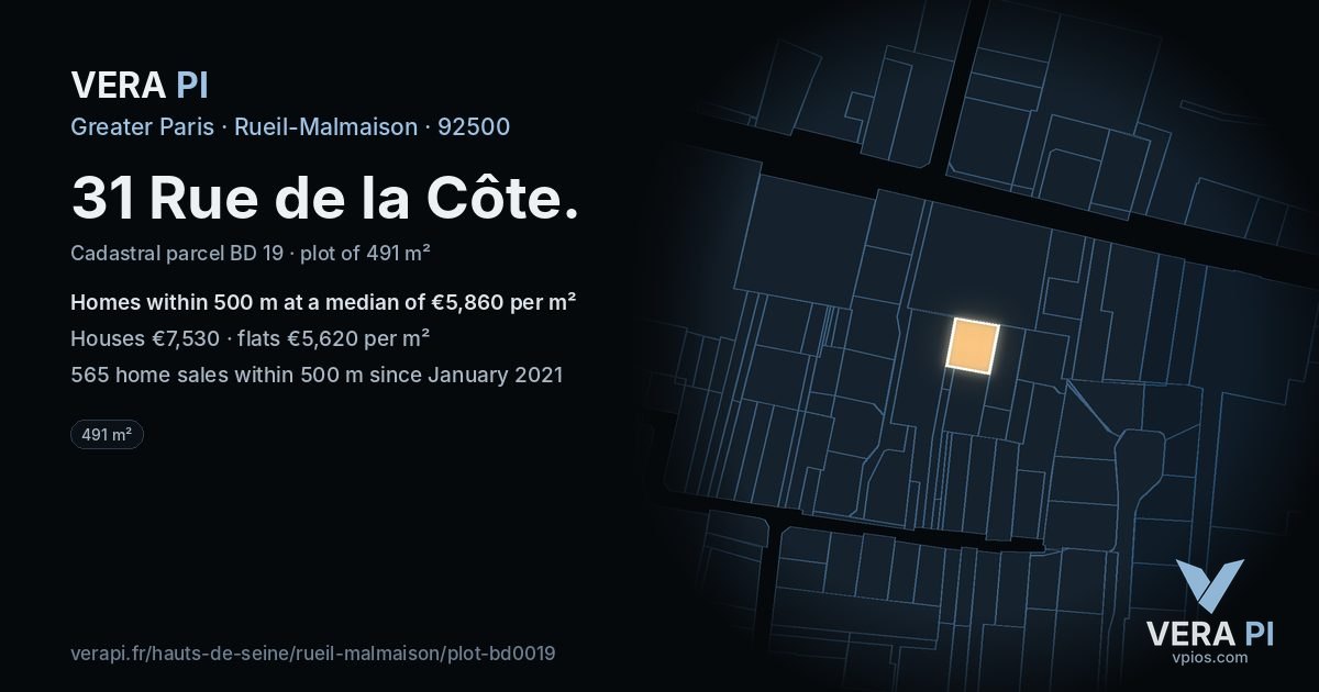 31 Rue de la Côte, Rueil-Malmaison at night – the plot lit, the parcels around coloured by the prices near them
