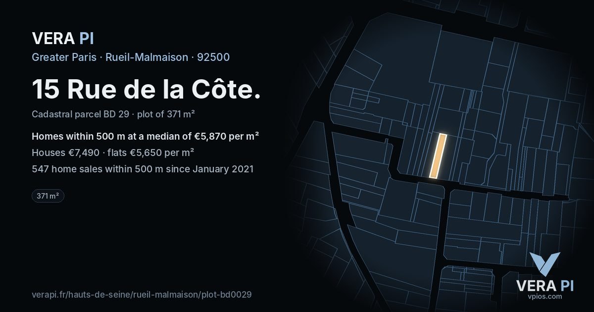 15 Rue de la Côte, Rueil-Malmaison at night – the plot lit, the parcels around coloured by the prices near them