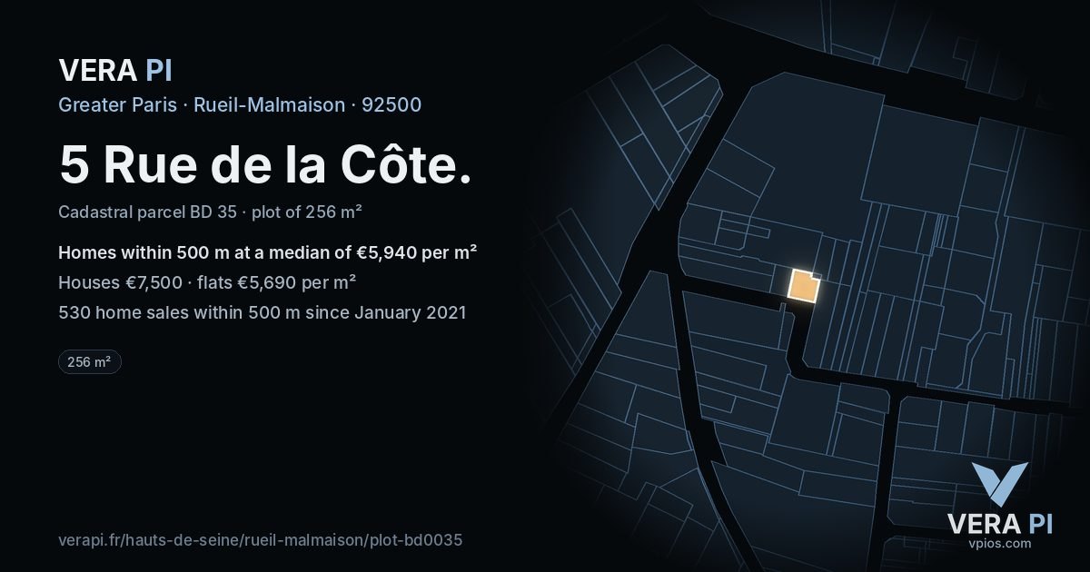 5 Rue de la Côte, Rueil-Malmaison at night – the plot lit, the parcels around coloured by the prices near them