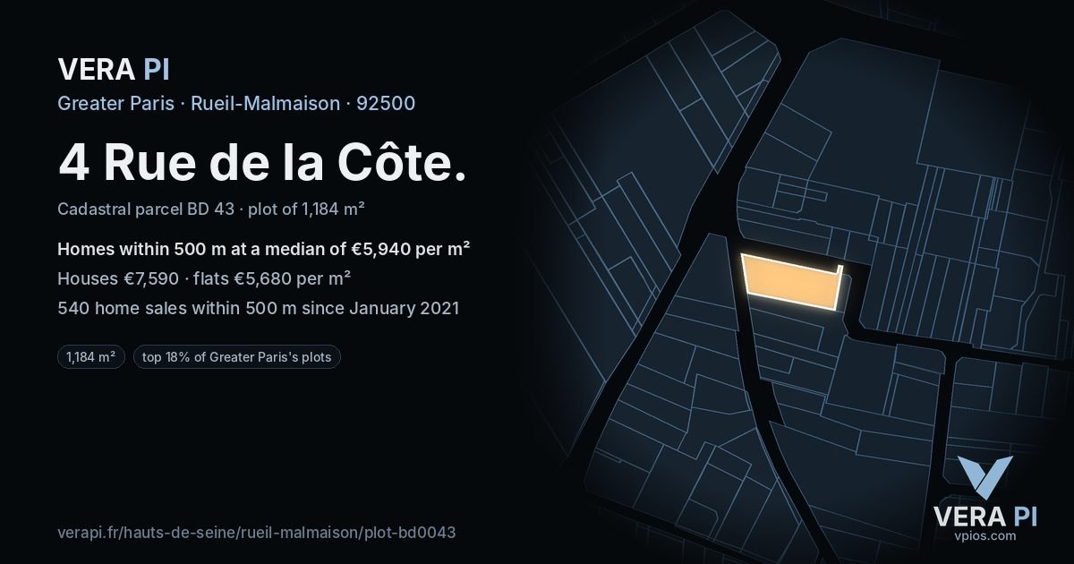 4 Rue de la Côte, Rueil-Malmaison at night – the plot lit, the parcels around coloured by the prices near them