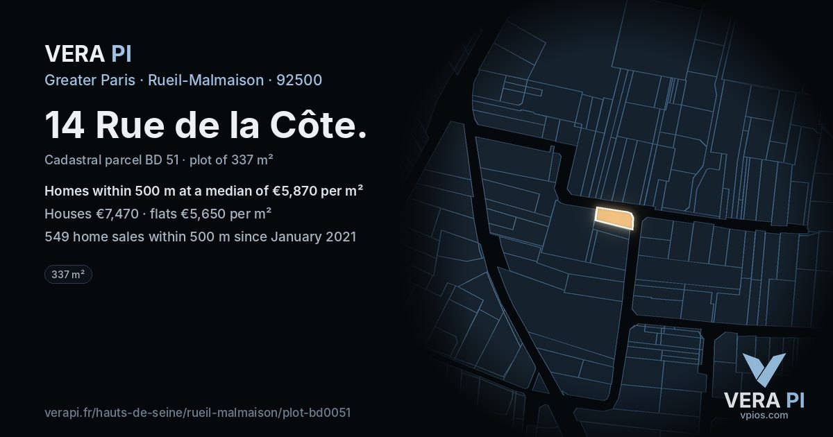 14 Rue de la Côte, Rueil-Malmaison at night – the plot lit, the parcels around coloured by the prices near them