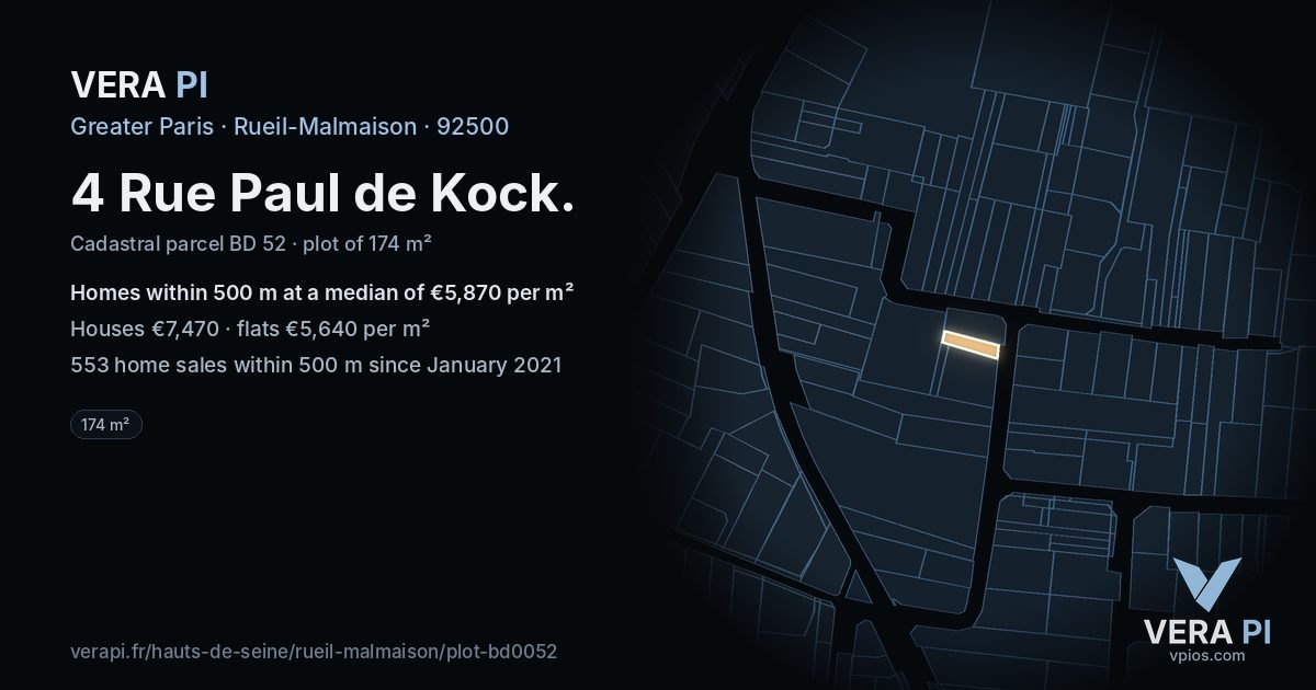 4 Rue Paul de Kock, Rueil-Malmaison at night – the plot lit, the parcels around coloured by the prices near them