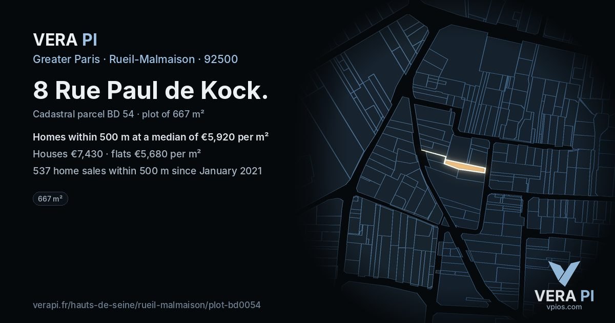8 Rue Paul de Kock, Rueil-Malmaison at night – the plot lit, the parcels around coloured by the prices near them