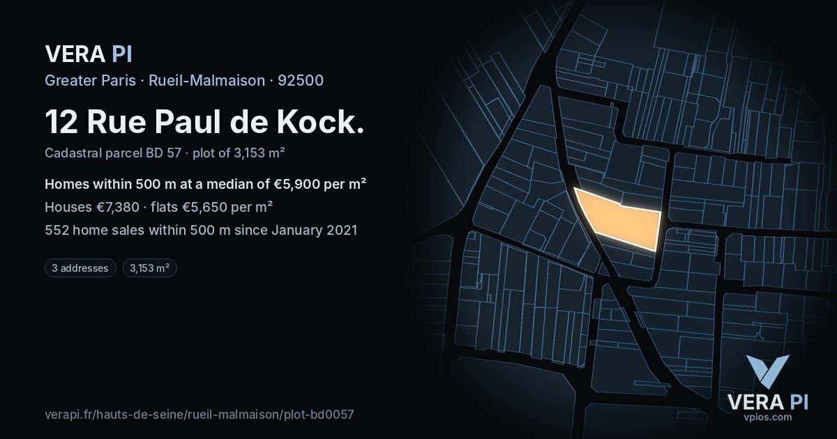 12 Rue Paul de Kock, Rueil-Malmaison at night – the plot lit, the parcels around coloured by the prices near them
