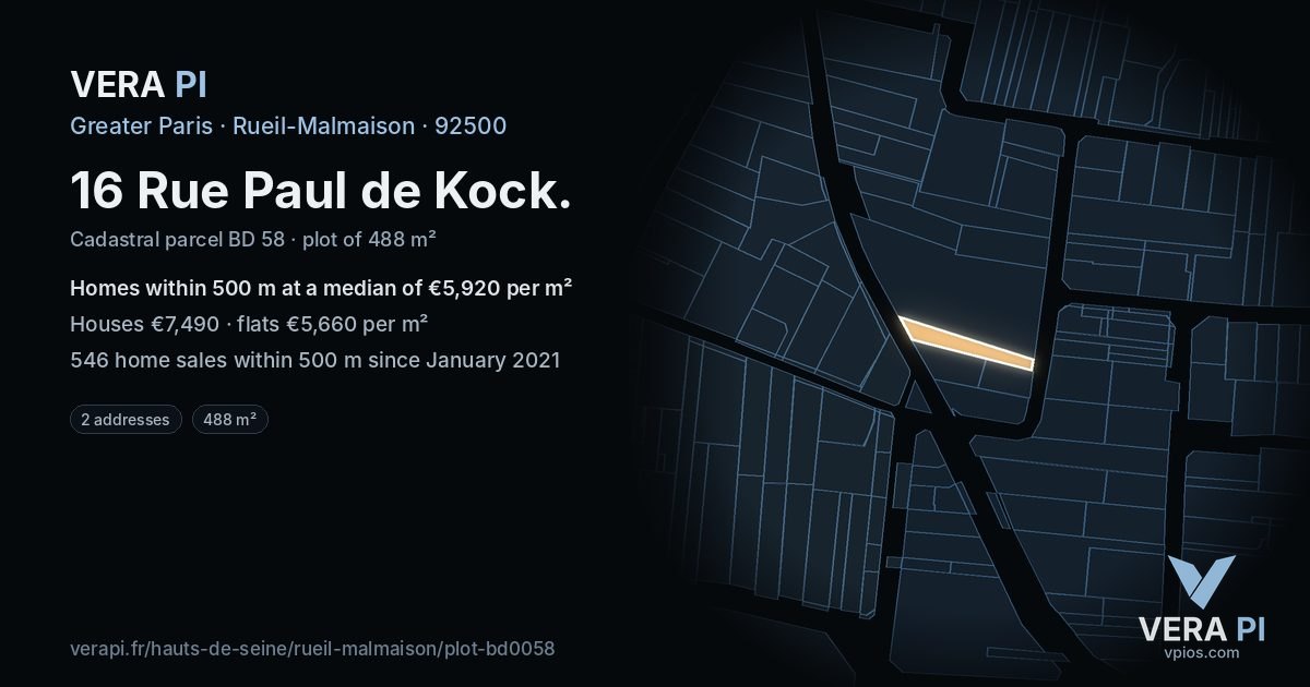 16 Rue Paul de Kock, Rueil-Malmaison at night – the plot lit, the parcels around coloured by the prices near them