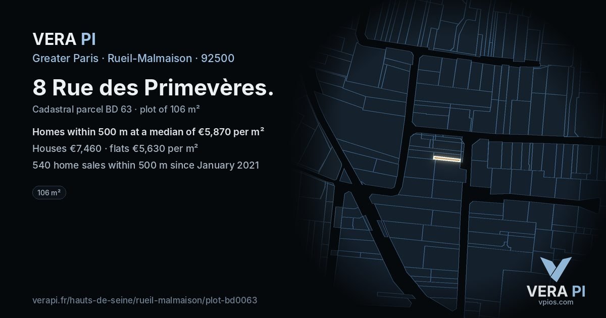 8 Rue des Primevères, Rueil-Malmaison at night – the plot lit, the parcels around coloured by the prices near them