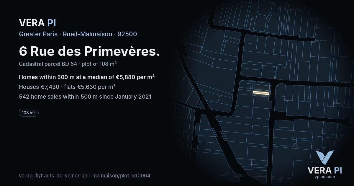 6 Rue des Primevères, Rueil-Malmaison at night – the plot lit, the parcels around coloured by the prices near them