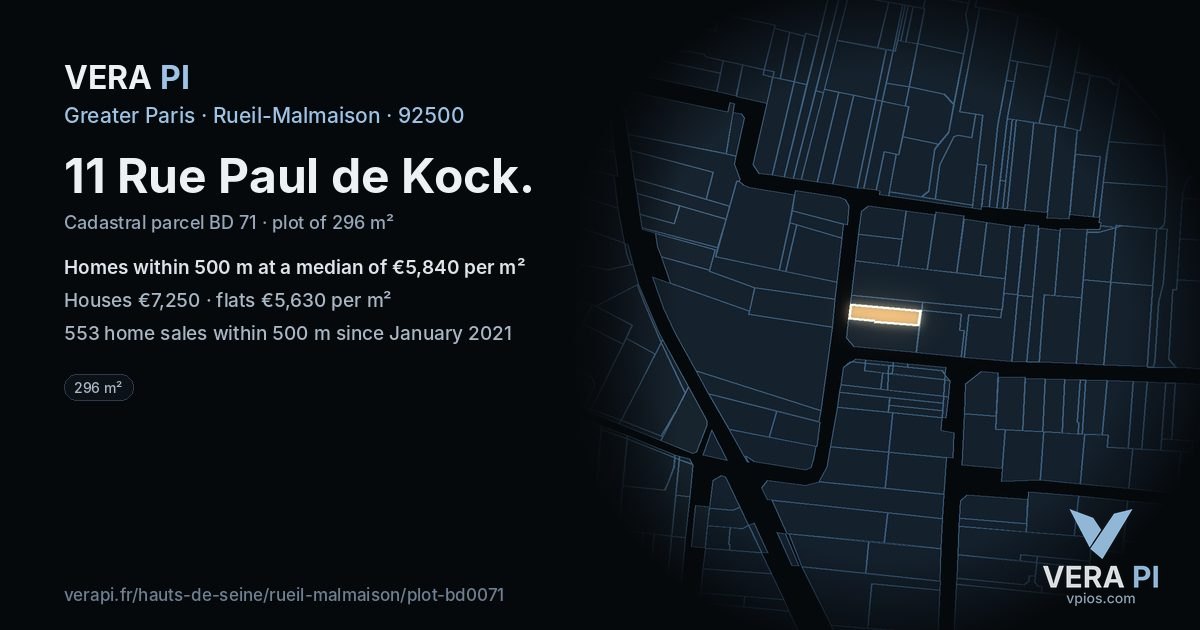 11 Rue Paul de Kock, Rueil-Malmaison at night – the plot lit, the parcels around coloured by the prices near them