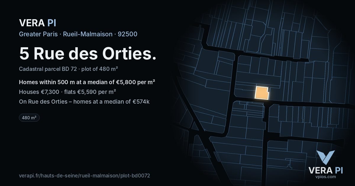 5 Rue des Orties, Rueil-Malmaison at night – the plot lit, the parcels around coloured by the prices near them