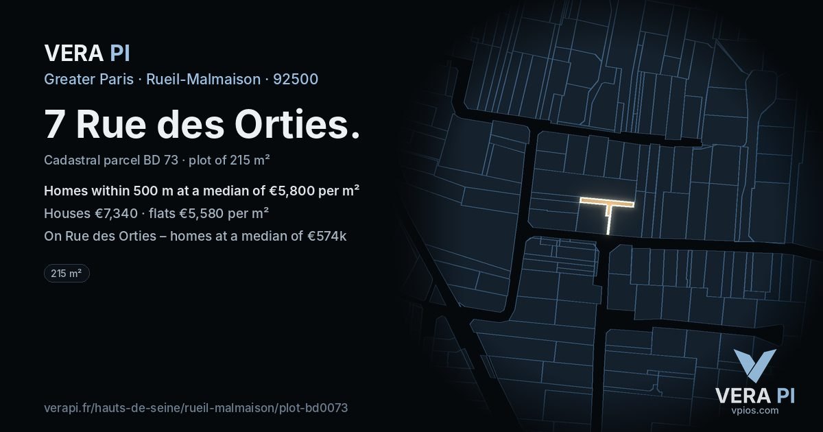 7 Rue des Orties, Rueil-Malmaison at night – the plot lit, the parcels around coloured by the prices near them