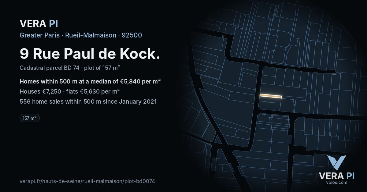 9 Rue Paul de Kock, Rueil-Malmaison at night – the plot lit, the parcels around coloured by the prices near them