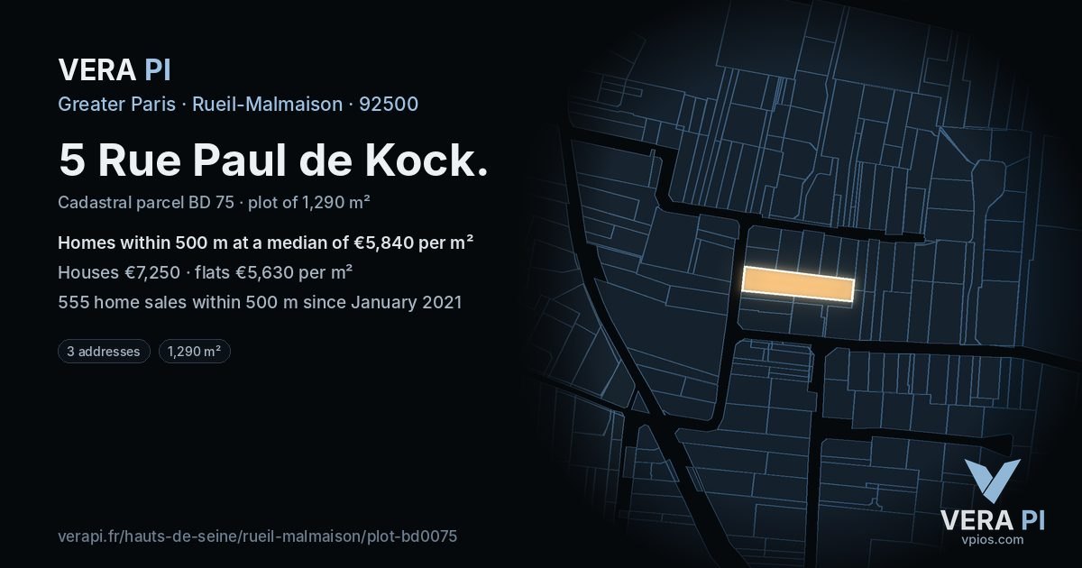 5 Rue Paul de Kock, Rueil-Malmaison at night – the plot lit, the parcels around coloured by the prices near them