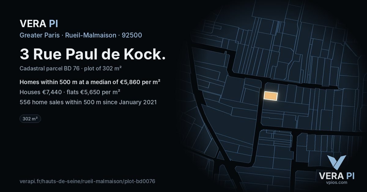 3 Rue Paul de Kock, Rueil-Malmaison at night – the plot lit, the parcels around coloured by the prices near them