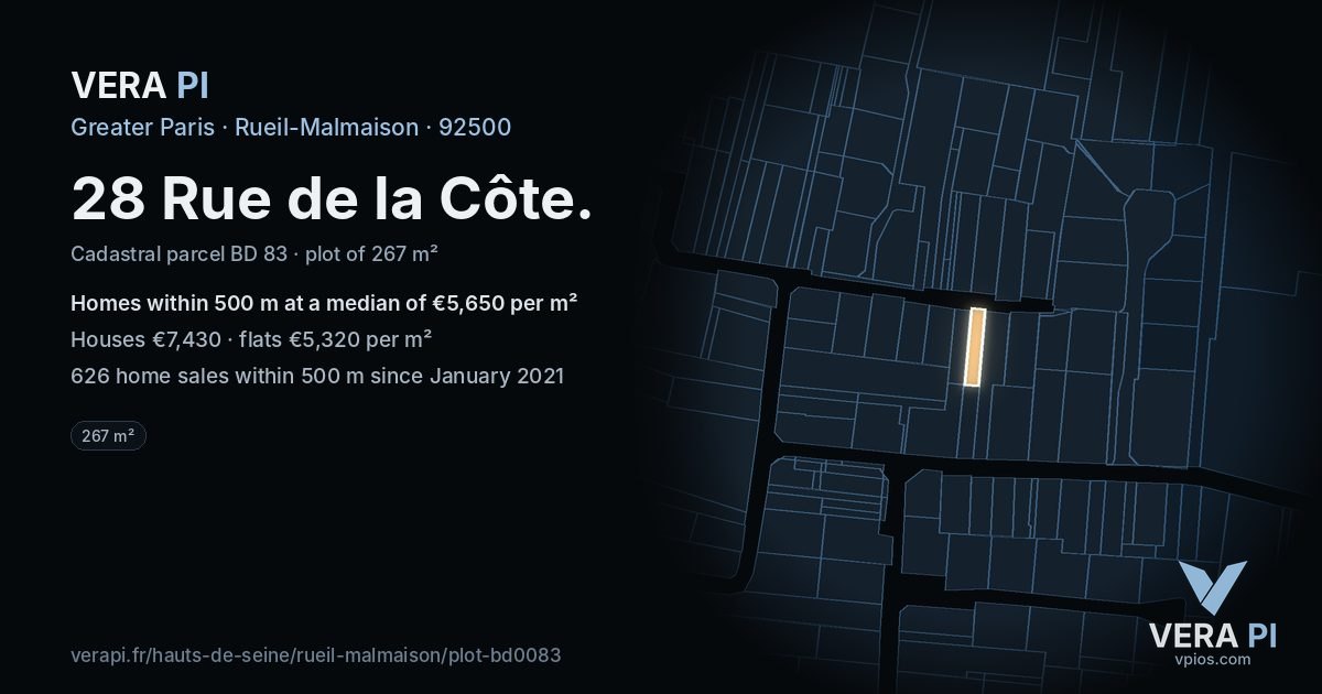 28 Rue de la Côte, Rueil-Malmaison at night – the plot lit, the parcels around coloured by the prices near them