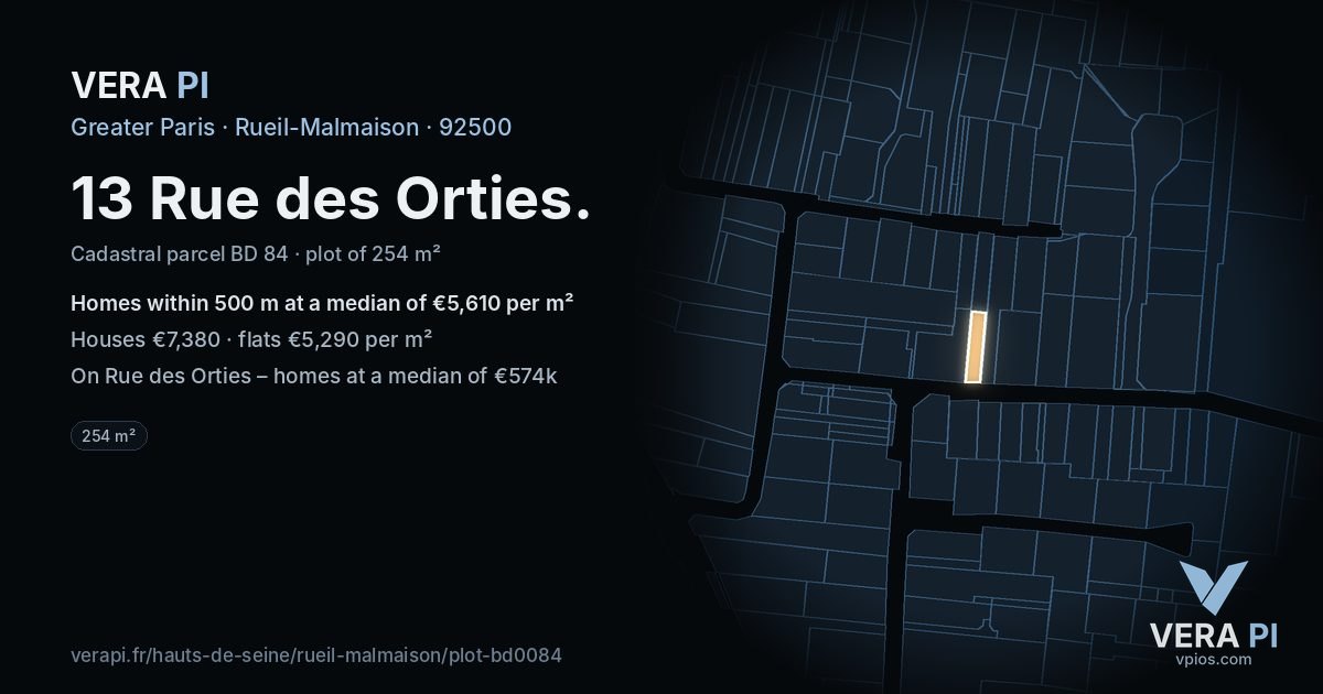 13 Rue des Orties, Rueil-Malmaison at night – the plot lit, the parcels around coloured by the prices near them