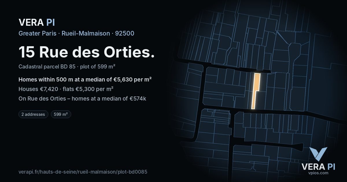 15 Rue des Orties, Rueil-Malmaison at night – the plot lit, the parcels around coloured by the prices near them
