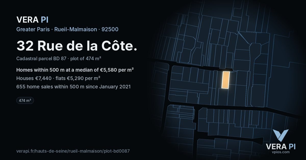 32 Rue de la Côte, Rueil-Malmaison at night – the plot lit, the parcels around coloured by the prices near them