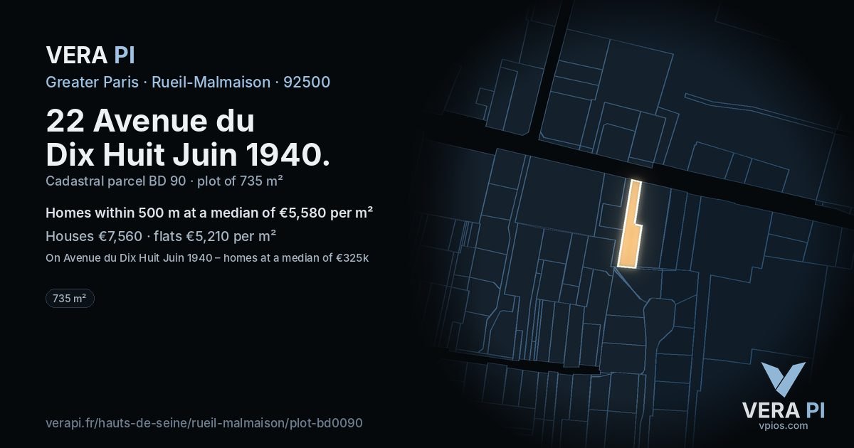 22 Avenue du Dix Huit Juin 1940, Rueil-Malmaison at night – the plot lit, the parcels around coloured by the prices near them