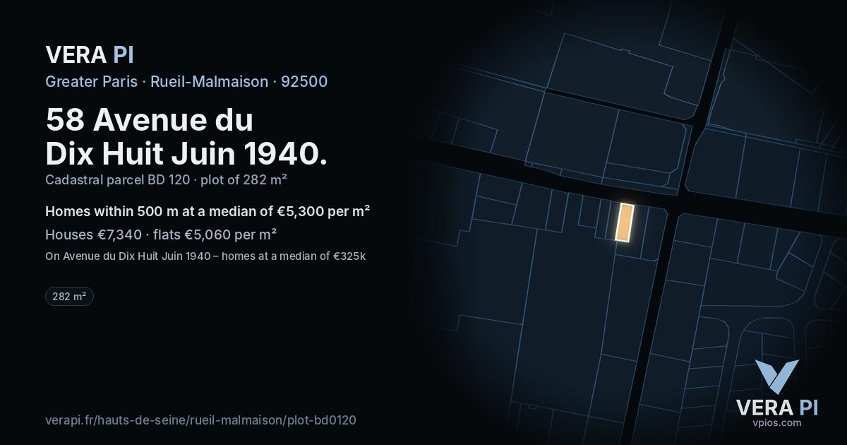 58 Avenue du Dix Huit Juin 1940, Rueil-Malmaison at night – the plot lit, the parcels around coloured by the prices near them