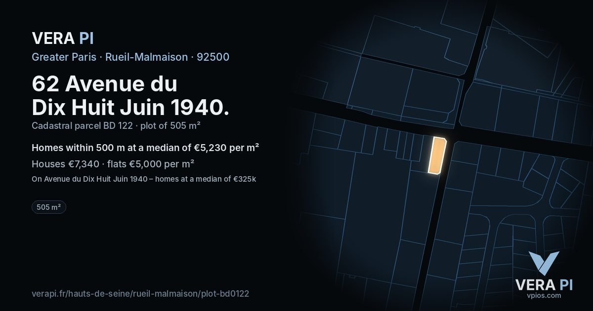 62 Avenue du Dix Huit Juin 1940, Rueil-Malmaison at night – the plot lit, the parcels around coloured by the prices near them