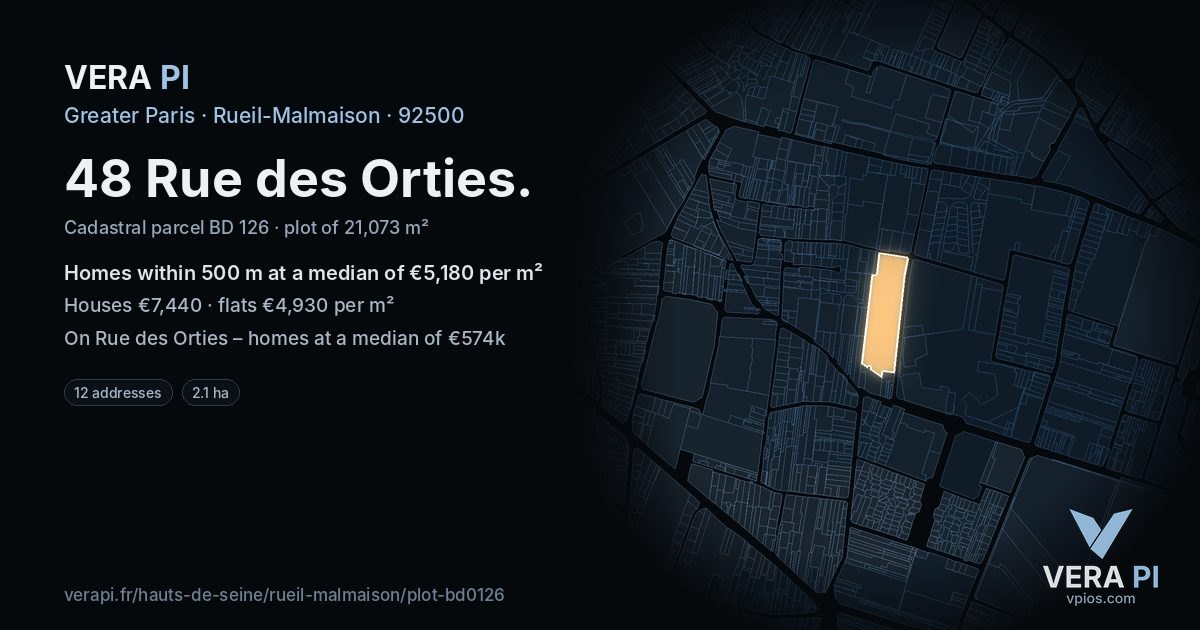 48 Rue des Orties, Rueil-Malmaison at night – the plot lit, the parcels around coloured by the prices near them