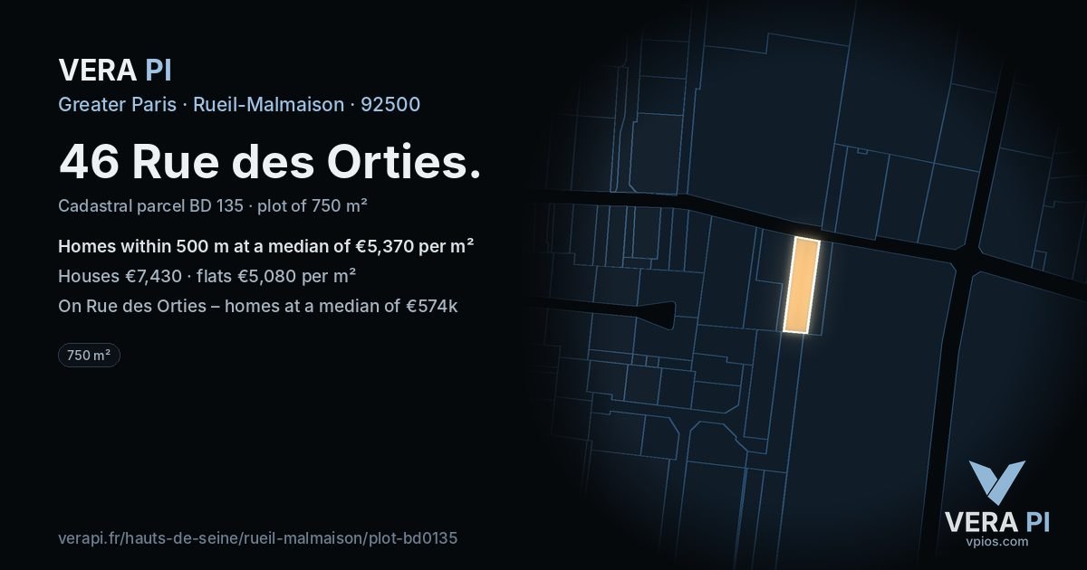 46 Rue des Orties, Rueil-Malmaison at night – the plot lit, the parcels around coloured by the prices near them