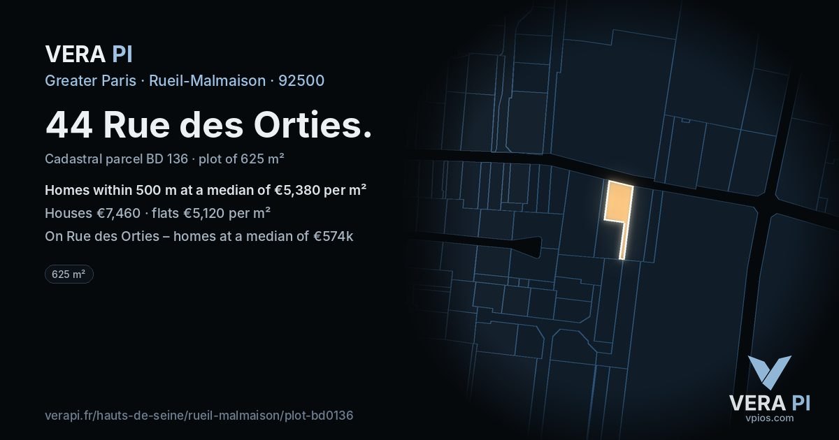 44 Rue des Orties, Rueil-Malmaison at night – the plot lit, the parcels around coloured by the prices near them