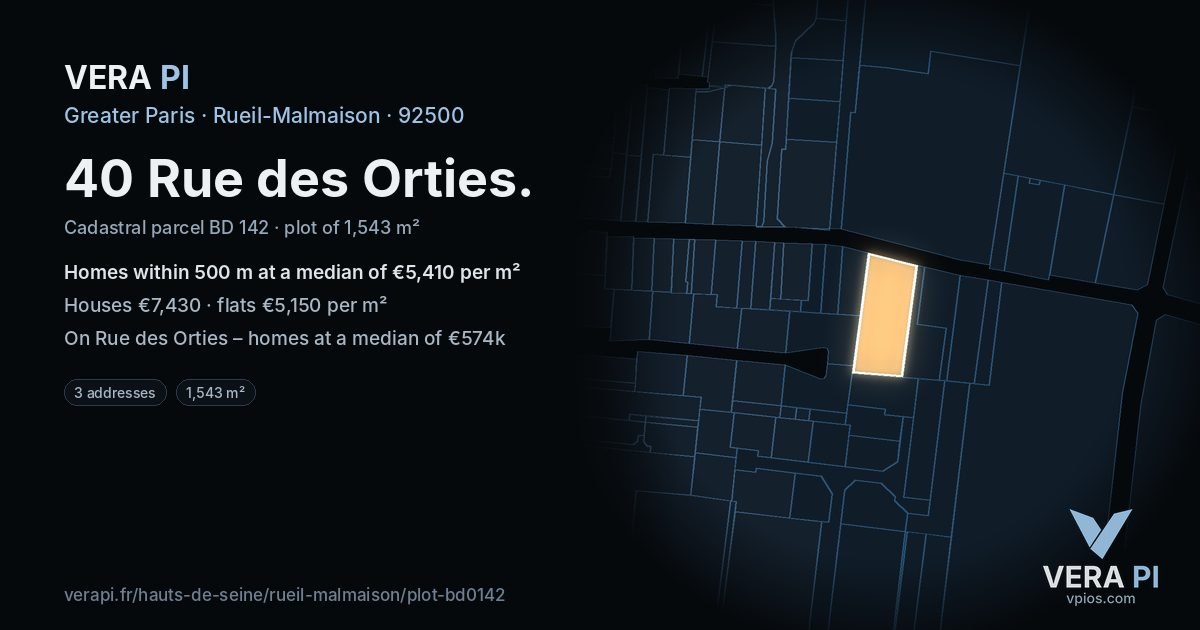 40 Rue des Orties, Rueil-Malmaison at night – the plot lit, the parcels around coloured by the prices near them
