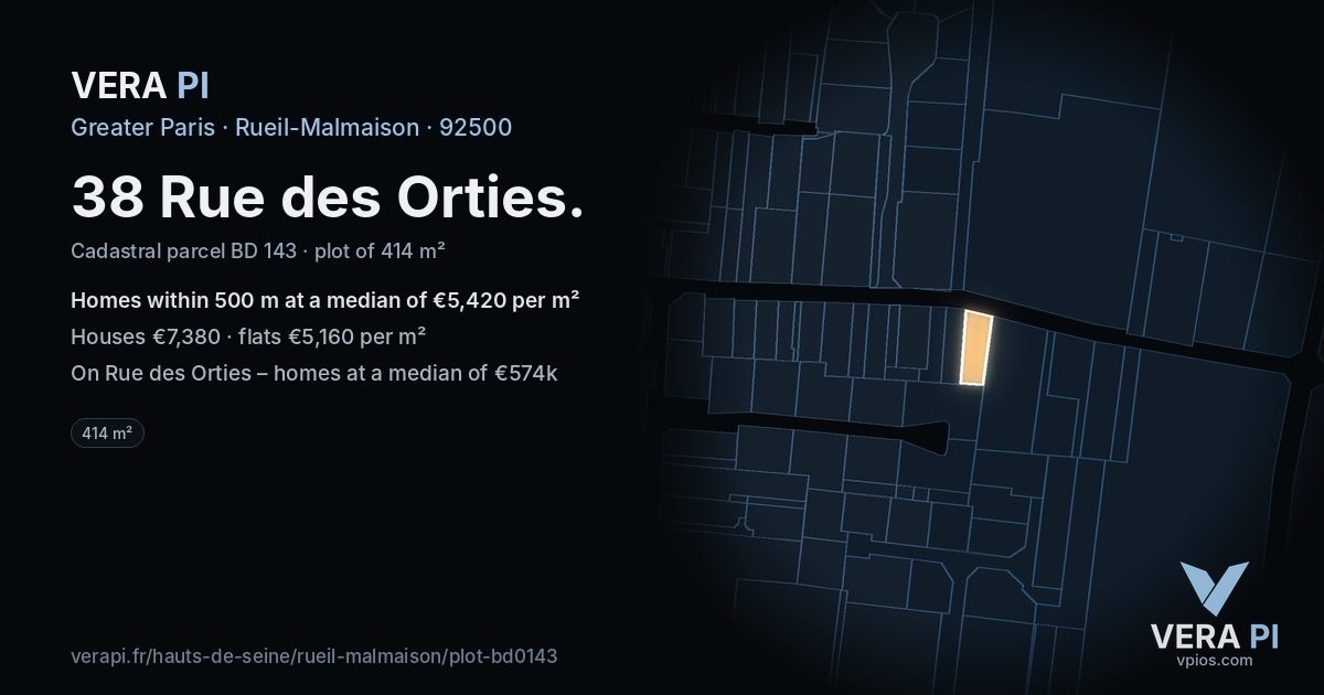 38 Rue des Orties, Rueil-Malmaison at night – the plot lit, the parcels around coloured by the prices near them