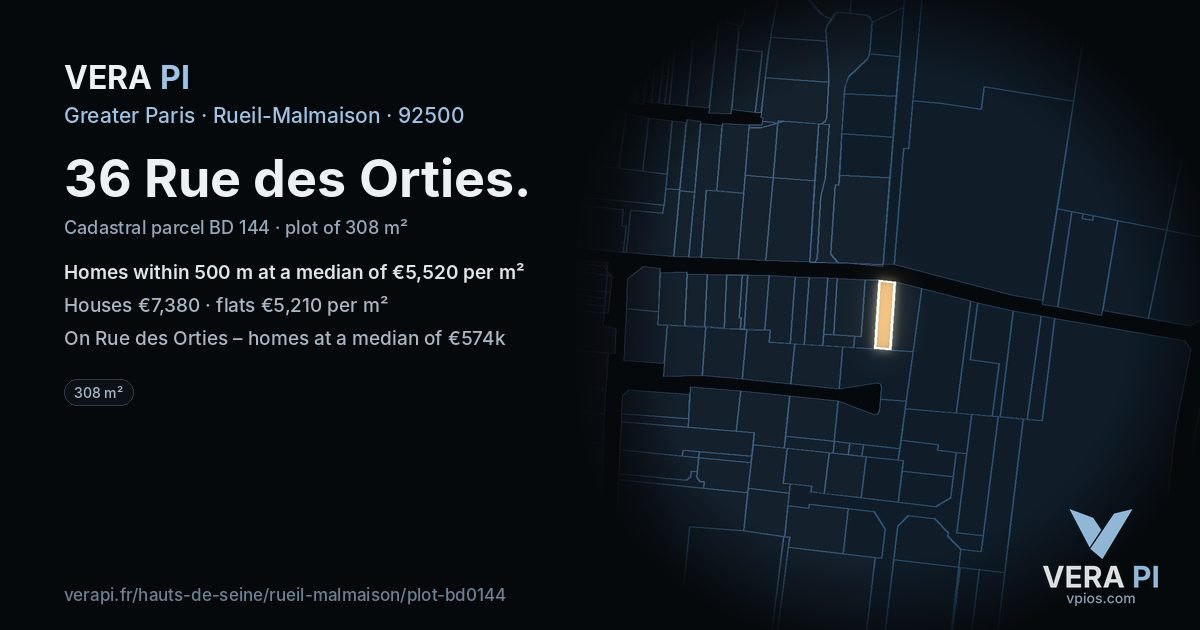 36 Rue des Orties, Rueil-Malmaison at night – the plot lit, the parcels around coloured by the prices near them