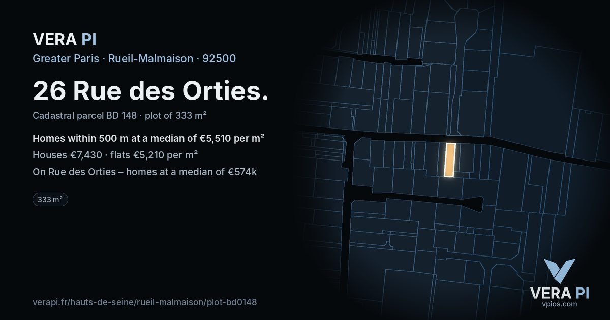 26 Rue des Orties, Rueil-Malmaison at night – the plot lit, the parcels around coloured by the prices near them