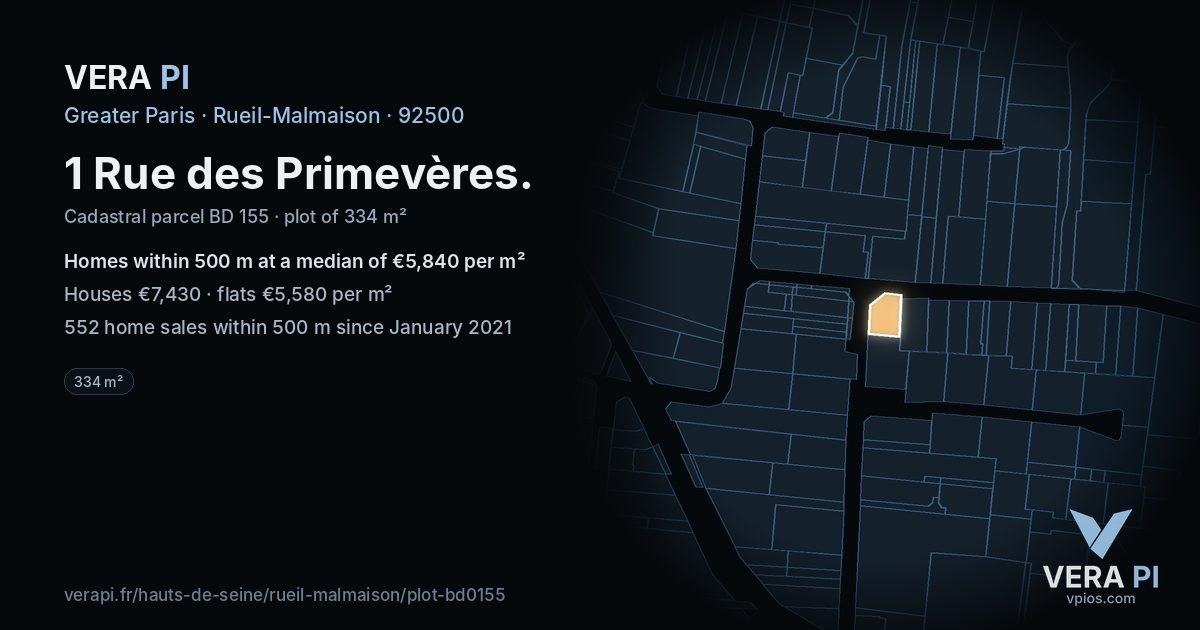 1 Rue des Primevères, Rueil-Malmaison at night – the plot lit, the parcels around coloured by the prices near them