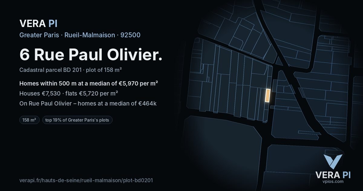6 Rue Paul Olivier, Rueil-Malmaison at night – the plot lit, the parcels around coloured by the prices near them