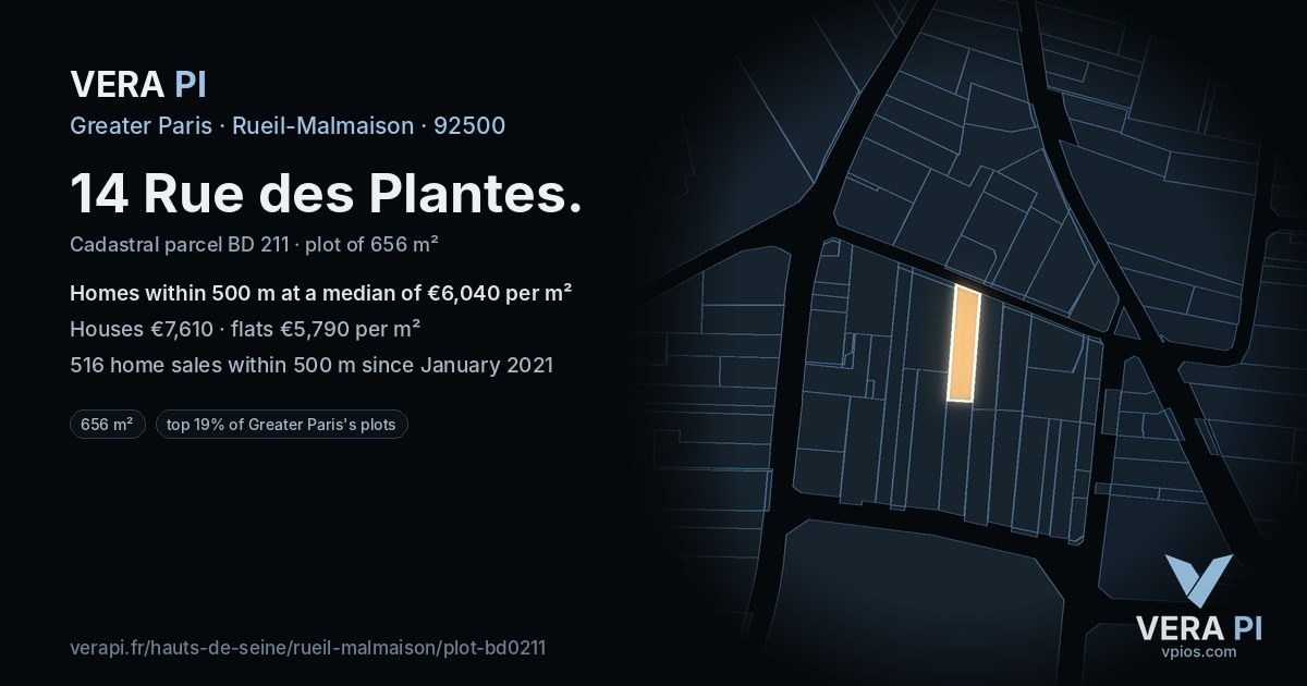 14 Rue des Plantes, Rueil-Malmaison at night – the plot lit, the parcels around coloured by the prices near them