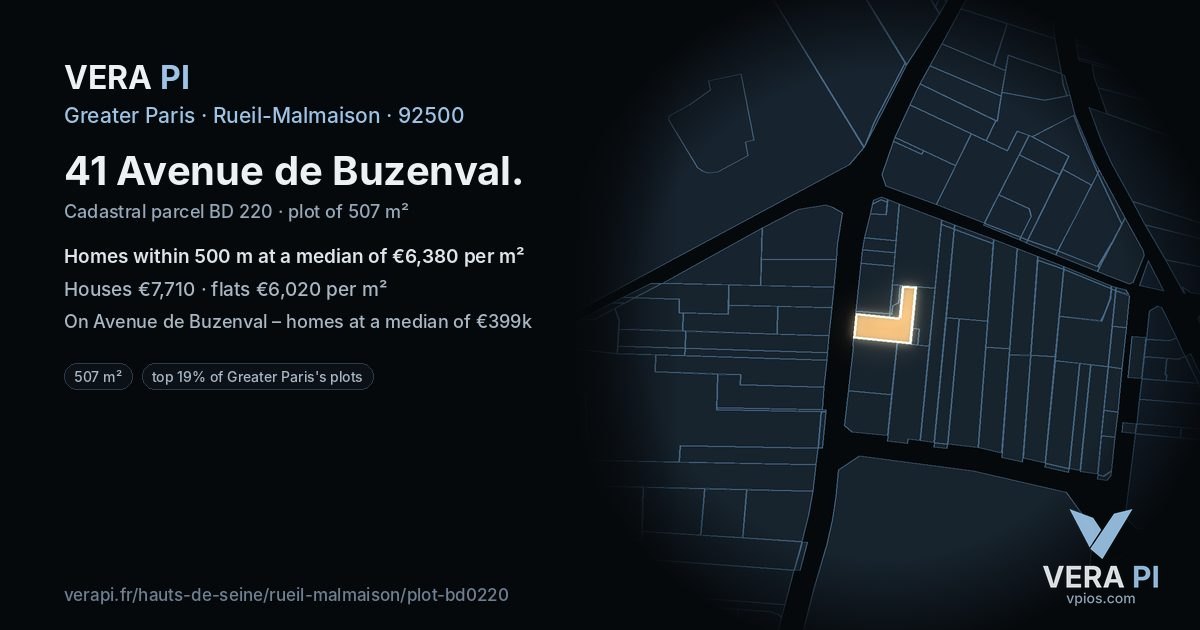 41 Avenue de Buzenval, Rueil-Malmaison at night – the plot lit, the parcels around coloured by the prices near them