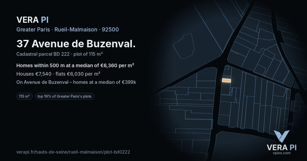37 Avenue de Buzenval, Rueil-Malmaison at night – the plot lit, the parcels around coloured by the prices near them