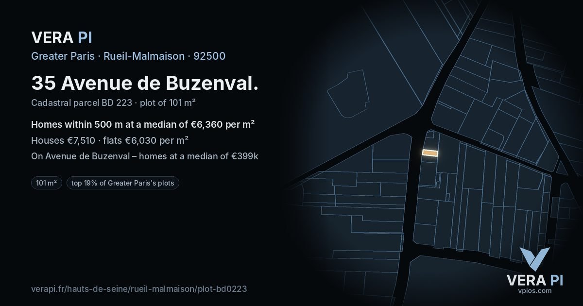 35 Avenue de Buzenval, Rueil-Malmaison at night – the plot lit, the parcels around coloured by the prices near them